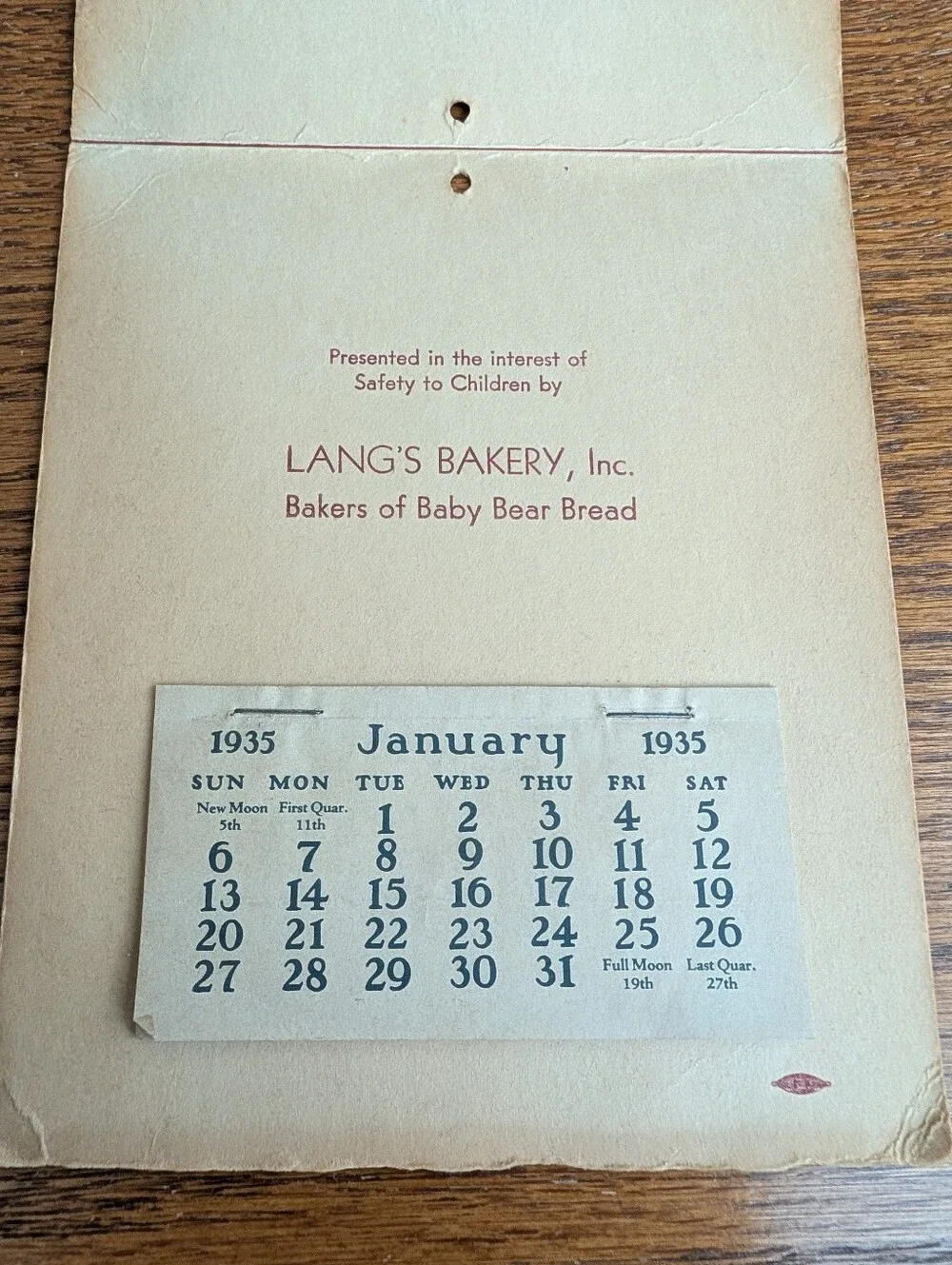 Vintage Lang's Bakery, Inc. Calendar Safety First 1935